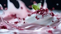 Creamy pink yogurt or milk splash with red berry crumbs and fresh mint leaf on dark background, macro food photography for dairy products advertising.