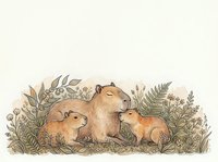 Capybara family with babies resting among ferns and tropical plants on neutral background for nature designs and wildlife illustrations.