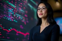 Asian businesswoman in glasses analyzing financial data on digital screen display, confident professional examining market trends and statistics.