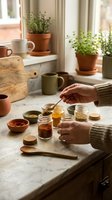 Woman preparing homemade spice blends in cozy kitchen with herbs and glass jars on rustic wooden counter near sunny window for cooking and seasoning.