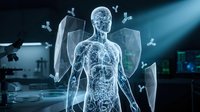 Young adult male with light skin tone in medical or healthcare professional setting, displaying holographic human anatomy visualization with neural network pathways and shield protection symbols for healthcare technology and medical innovation concepts.