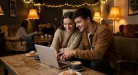 Young couple using laptop together on cozy sofa with warm lighting and fairy lights creating romantic atmosphere for online shopping or planning.