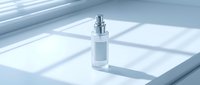 Elegant white cosmetic bottle with silver pump dispenser on clean white surface with soft natural lighting and geometric shadows for skincare branding.