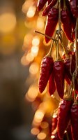 Dried red chili peppers hanging in warm golden sunlight with soft bokeh background creating atmospheric cooking and spice market scene for culinary designs.