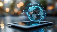 Digital holographic globe with network connections floating above modern tablet device showcasing global connectivity and futuristic technology concepts.