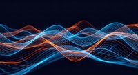 Abstract flowing energy waves in blue and orange colors creating dynamic light patterns on dark background for technology and digital design projects.
