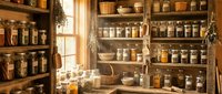 Rustic wooden pantry shelves filled with glass jars containing herbs, spices and preserved foods in warm sunlit kitchen storage room for cooking preparation.