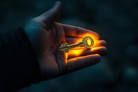 Golden key glowing mysteriously in open palm against dark background, illuminated by warm sunset light creating magical atmosphere.