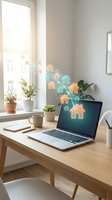 Digital house icons floating from laptop screen in modern home office workspace for real estate technology and property management concepts.