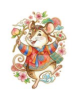 Cheerful mouse character wearing ornate red and gold traditional clothing, holding lotus flower and fan, surrounded by pink blossoms and decorative clouds on white background. Isolated clipart for design projects.