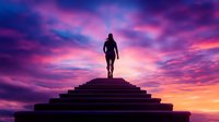 Silhouette of woman standing atop pyramid steps against dramatic purple and orange sunset sky with vibrant clouds, representing success, achievement and future goals.