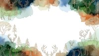Watercolor forest frame with deer antlers and pine trees on white background for nature designs and outdoor themed projects.
