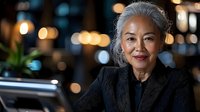 Confident senior Asian businesswoman using digital tablet in evening office setting with warm bokeh lights, expressing success and professional expertise.