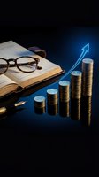 Financial growth concept with stacked coins, eyeglasses, pen and open book showing upward trend arrow on dark blue background for business planning.