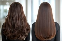 Before and after hair styling comparison showing long brunette hair - curly waves versus straight smooth treatment result for beauty salon advertising.