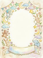 Nursery frame with cute animals, moons, stars, and bunting on cream background, isolated and ready for baby shower invitations, greeting cards, and children's design projects.