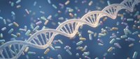 DNA double helix structure with colorful capsules and pills floating in background for medical genetics pharmaceutical research concepts.
