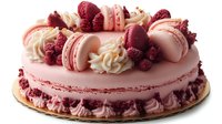 Elegant pink cake decorated with macarons, fresh raspberries and cream rosettes on white background for bakery menu and dessert advertising.
