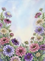Watercolor floral border with purple, pink and lavender blooms framing a soft sky background, perfect for greeting cards and invitations.