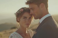 Romantic newlywed couple in sunset light, bride wearing lace dress and floral crown, groom in suit, intimate moment during golden hour wedding photography.