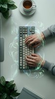 Hands typing on futuristic holographic keyboard with digital interface elements, coffee cup and plants on white desk for technology and innovation concepts.