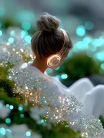 Young woman with messy bun hairstyle wearing glowing headphones in dreamy garden setting with bokeh lights and white flowers creating magical atmosphere.