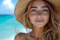 Young Caucasian woman with natural makeup and straw hat smiling at beach, wind blowing her blonde hair, turquoise ocean and blue sky background, summer vacation mood.