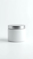 White cylindrical cosmetic jar with metallic silver lid, isolated on white background. Suitable for skincare, beauty product packaging mockups, cosmetics branding, and design templates.