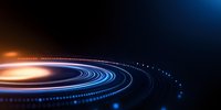 Glowing spiral light trails with orange and blue neon colors against dark background create dynamic motion effect for technology and innovation concepts.