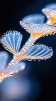Delicate water droplets form intricate patterns along plant stems in blue and orange tones, creating mesmerizing macro photography art for nature publications.