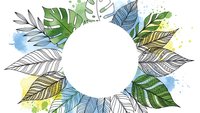 Tropical leaves frame with watercolor splashes and hand-drawn botanical elements creating circular border for text or design on white background.