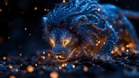 Mystical lion with glowing eyes and flowing mane against dark background with magical sparkles and blue ethereal effects, fantasy art style digital painting.