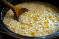 Creamy corn chowder soup cooking in slow cooker with wooden spoon, comfort food recipe preparation for family dinner and cold weather meals.