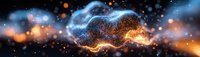 Abstract digital particle cloud formation with glowing orange and blue energy waves flowing through cosmic space with bokeh light effects and sparkling dots.