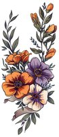 Delicate floral arrangement with orange and purple wildflowers, green leaves, and ribbon on white background. Isolated botanical illustration for stationery and fabric design.