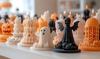Halloween decorative candles featuring spooky ghosts, black bats, carved pumpkins and gothic designs in orange, white and black colors arranged in a festive display.