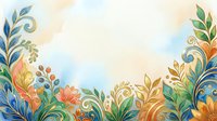 Watercolor floral border with colorful ornamental leaves, swirls, and blooms on a soft pastel background, perfect for cards and invitations.