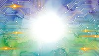 Abstract digital circuit board background with glowing center light burst and colorful gradient overlay for technology presentations and futuristic designs.
