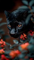 Black panther cub with bright orange eyes among red flowers in natural habitat. Wild cat portrait with dramatic lighting and shallow depth of field.