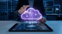Businessman hands protecting glowing purple cloud computing icon with security locks above digital tablet in modern data center server room.