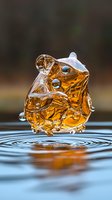 Liquid art photography featuring golden amber frog sculpture with water droplets hovering above rippled surface, capturing moment of suspension and reflection.
