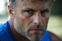 Close up portrait of mature athletic Caucasian male with gray beard and intense gaze wearing blue sportswear, showing determination and focus against blurred background.