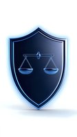 Glowing blue shield with scales of justice symbol on dark background, representing legal protection and law enforcement. Isolated design element for professional use.