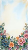 Watercolor floral border frame with pink peonies, blue roses, and green leaves on soft pastel background with copy space.