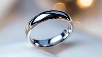 Polished platinum wedding band ring with smooth rounded surface reflecting warm light on blurred bokeh background, luxury jewelry photography for bridal collections.