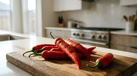 Fresh red chili peppers on wooden cutting board in modern kitchen interior for cooking spicy food and culinary preparation.