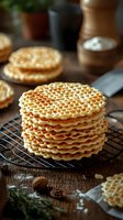 Stack of golden crispy waffle cookies on cooling rack in rustic kitchen setting with warm lighting and cozy atmosphere for breakfast or dessert recipes.