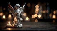 Angelic figurine with outstretched wings stands beside glowing candle against warm bokeh lights background creating peaceful spiritual atmosphere for meditation.
