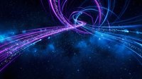 Abstract digital energy waves flowing through cosmic space with vibrant purple and blue neon light trails creating dynamic motion patterns against starry background.