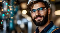 Confident bearded Hispanic construction worker in hardhat and safety glasses smiling at industrial site with bokeh light effects in background.